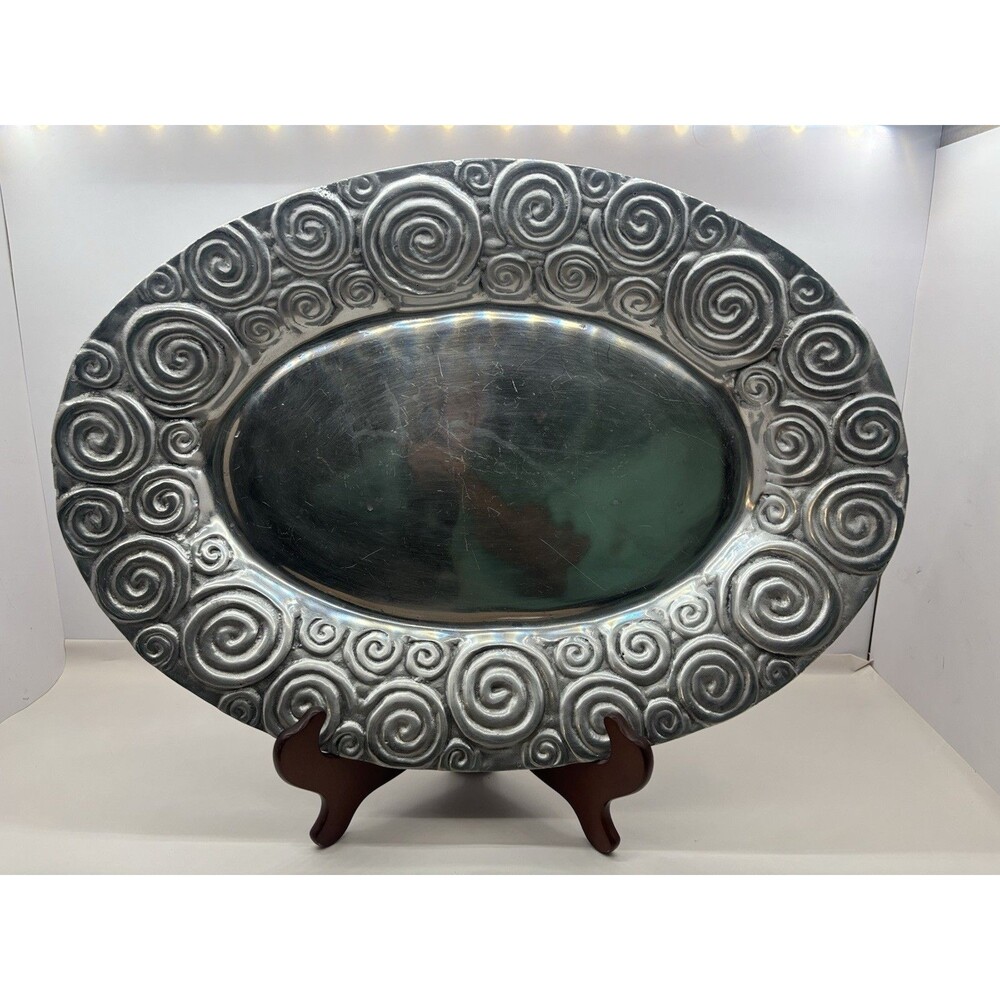 Vintage Cast Aluminum Oval Serving Platter Raised Spiral Design 18" x 13.5"